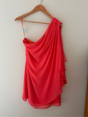 JS Boutique One-Shoulder Coral Dress with Draped Overlay
